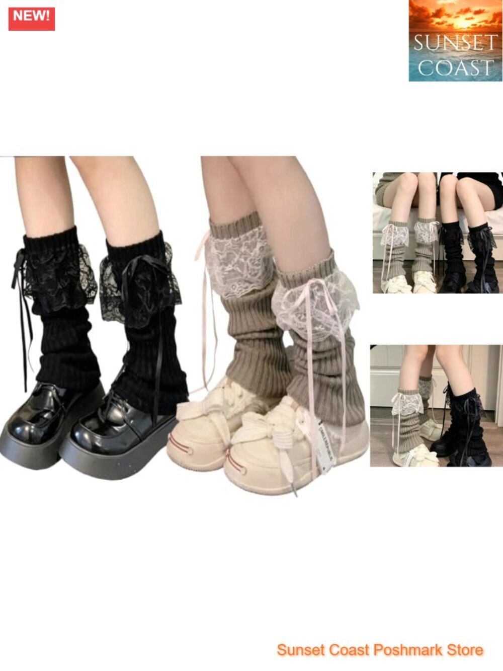 Ribbed Knit Leg Warmers Lace Ruffle Bow Boot Socks One Size Y2K Kawaii